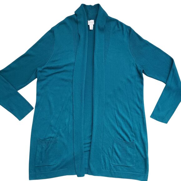 Chicos Knit Cardigan Sweater Womens XL 3 Open Front Teal - Picture 2 of 12
